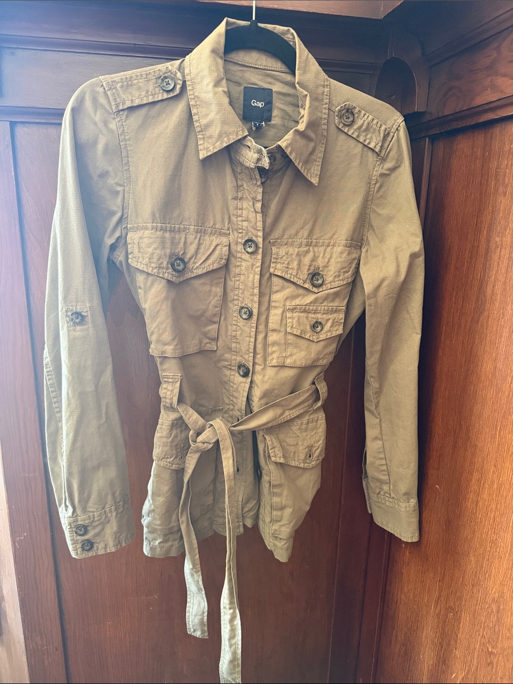 Vintage GAP Women's Olive Green Utility Jacket with Waist Tie